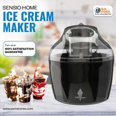 an ice cream maker is shown with three cups in front of it and the words, san francisco home ice cream maker