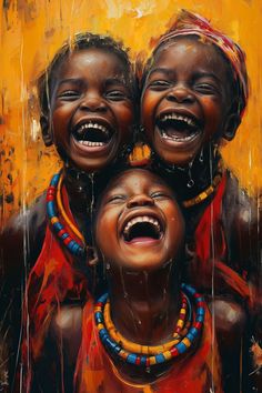 three children laughing together in front of an orange background