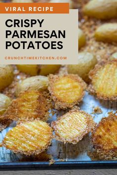 crispy parmesan potatoes on a baking sheet with the title text overlay