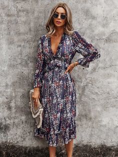 Material: Polyester Sleeves are 3/4th Length... Sizes (measured in inches): S Bust 38 Length 45 M Bust 40 Length 46 L Bust 42 Length 47 XL Bust 44.5 Length 47.5 Fitted Floral Print Maxi Dress With 3/4 Sleeves, Boho Midi Dress, Chiffon Midi Dress, Womens Floral Dress, Floral Print Midi Dress, Long Sleeve Print Dress, Navy Midi Dress, Midi Dress Summer, Ruffle Hem Dress