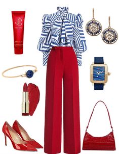 Fashiers - Fashion Styling Classy Business Outfits Chic, What To Wear With Red Shoes, How To Style Red Pants, Red Elegant Outfit, Outfits With Red Pants, Red Blue Outfit, Blue And Red Outfit, Red And Blue Outfit, Red Pants Outfit