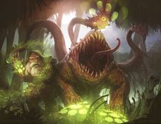 an animated creature in the middle of a forest with trees and plants on it's sides