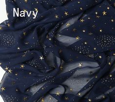 navy blue and gold stars printed chiffon fabric