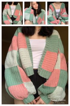 a woman wearing a green, pink and white knitted cardigan with two rows of squares on it