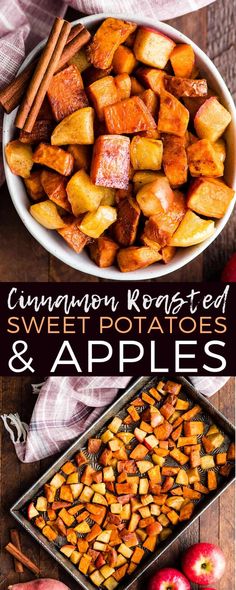 an image of sweet potatoes and apples with cinnamon roasting on the side in a pan