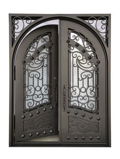 an ornate iron door with glass panels on the front and side doors to both sides