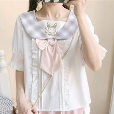 Product ID: JW4427 
 Material: Chiffon 
 Color: White 
 Size Info: 
 One Size   Bust 98 cm, Shoulder 40 cm, Length 51 cm www.ccovv.com Kidcore Fashion, Rabbit Embroidery, Sailor Shirt, Icons Pink, Kawaii Harajuku, Suits You, Hoodie Fashion, Harajuku, Top Shirt