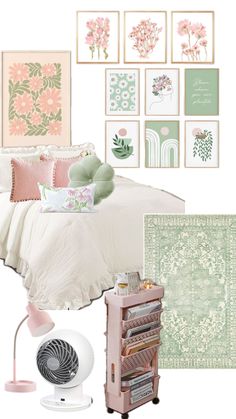 a bedroom with pink, green and white decor