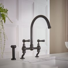 a kitchen sink with two faucets next to a white vase filled with flowers