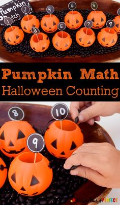 pumpkin math game for kids to practice counting with numbers on the cupcakes in front of them