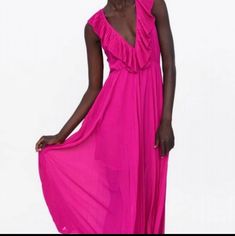 Beautiful Flowy Maxi Dress In Bright Pink Color. New Without Tags Nice Open Back. Zara Maxi Dress, Long Dresses Casual Maxi, Chiffon Fashion, Flowy Maxi Dress, Straight Dress, Pleated Fabric, Night Out Dress, Pink Maxi Dress, Fashion Design Clothes