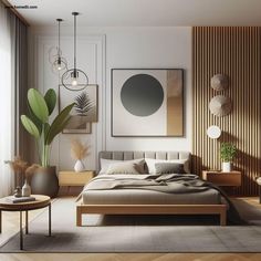 a bed sitting in a bedroom next to a wooden table and plant on top of a hard wood floor