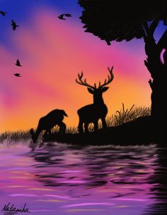 two deer standing next to each other in front of a lake with birds flying around