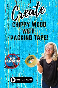 a woman holding a yellow frisbee in front of a blue background with the words create chippy wood with packing tape