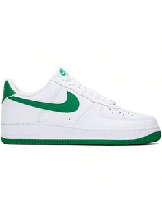 Nike 
White & Green Air Force 1 '07 Sneakers 
Low-top buffed leather sneakers in white and green. 
. Perforated detailing at toe 
. Logo plaque at lace-up closure 
. Logo patch at padded tongue 
. Padded collar 
. Swoosh appliqué at sides 
. Logo embroidered at heel 
. Mesh lining 
. Nike Air cushioning at footbed 
. Foam rubber midsole 
. Treaded rubber sole 
Please note that this item may be shipped only within North America. 
Supplier color: White/White/Malachite 
Upper: leather. Sole: rubber Green Air Force 1, Green Air Force, Casual Athletic Shoes, Nike White, Outdoor Shoes, White White, Sports Equipment, White Nikes, Air Force 1