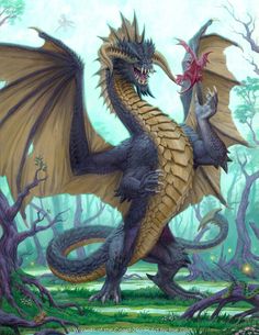 a painting of a dragon with its mouth open and wings wide open, standing in the middle of a forest