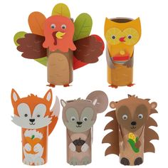 four different paper animals are shown in this set, including an owl, fox, and bird