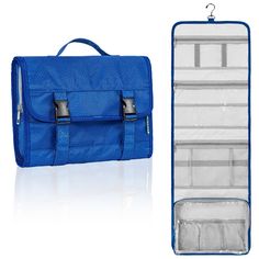 an open blue bag next to a hanging organizer