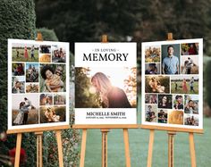 two wooden signs with photos on them in front of some bushes and trees at an outdoor event