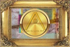 an all crypt art logo is shown in a gold frame on a colorful painting background