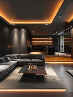 a modern living room with black furniture and lighting on the ceiling is lit by recessed lights