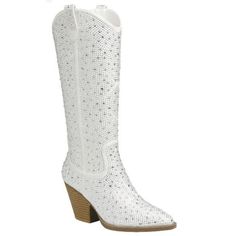 Step Out In These Eye Catching Sparkly Rhinestone Cowboy Boots New In Box Faux Leatherette Material Rhinestone Encrusted Uppers Lightly Padded Insole Side Zipper For Easy Shoe Removal Heel Height: 3 In. Fitting: True To Size. Regular Fit. Glamorous White Boots With Rhinestones, Glamorous White Rhinestone Boots, Rhinestone Cowboy Boots, Fringe Cowboy Boots, Madden Girl Boots, Rhinestone Cowboy, Snake Print Boots, Taupe Boots, Grey Suede Boots