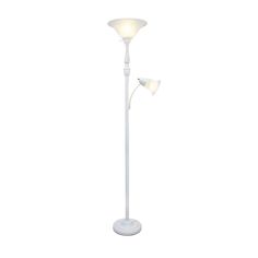 a white floor lamp with two lights on each side and one light on the other