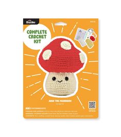 a crocheted toy with a red mushroom on it's head and the words, complete crochet kit