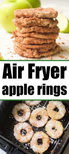 air fryer apple rings with apples in the background and text overlay that reads, air fryer apple rings