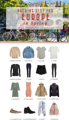 an info sheet showing the different types of clothing and shoes for people to wear in europe