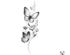 a black and white drawing of three butterflies