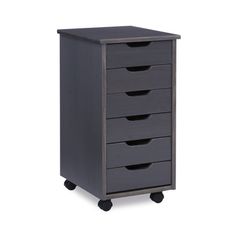 a wooden drawer with five drawers on casteors and four wheels, in dark grey finish