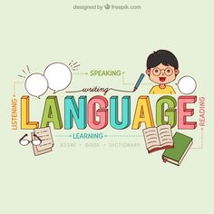 the words language are written in different languages and have an image of a boy with glasses on