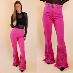 Cowboy Killer Crystal Fringe Bell Bottom Pants in Pink S | Trendy pieces for all shapes and sizes. Western Disco, Cowboy Killer, Crystal Fringe, Giddy Up Glamour, Cute Matching, Bell Bottom Pants, Red Rhinestone, Bell Bottom, Matching Top