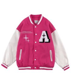 Tideeku Pink And White Wool Shine Letterman Jacket 90s Grunge Outfits, Streetwear Jackets, Streetwear Mode, Varsity Jackets, Color Block Jacket, Street Style Trends, Letterman Jacket, Oversized Jacket, Embroidered Jacket