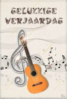 an orange guitar with musical notes in the background and text that reads seuvige verardaa