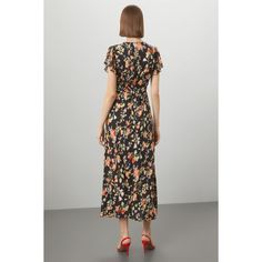 Black floral chiffon (100% Viscose). Lining (100% Polyester). Slip. Short sleeves. V-neck. 58.5" from shoulder to hemline. Imported. Chiffon V-neck Dress For Work, Floral Print Viscose Maxi Dress For Workwear, Floral Print Dress For Summer Workwear, Chic Floral V-neck Chiffon Dress, Chic Chiffon Floral Dress With V-neck, Summer Floral Dress For Workwear, Chic Chiffon Floral V-neck Dress, Summer Floral Dress For Work, Black Floral Print Chiffon Midi Dress