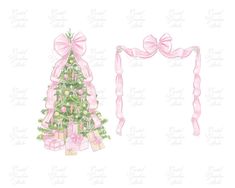 a christmas tree with pink bows and presents on it's side, next to a white