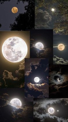 many different images of the moon and clouds