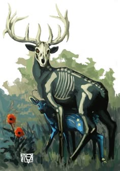 a painting of a deer with skeleton on it's back and an antelope standing next to it