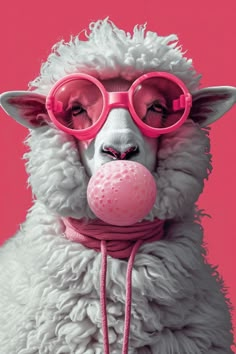 a sheep with pink goggles and a ball in it's mouth on a pink background