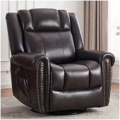 a brown reclining chair with studded trimmings