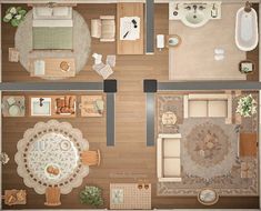 an overhead view of a living room and dining area in a small apartment with wood flooring