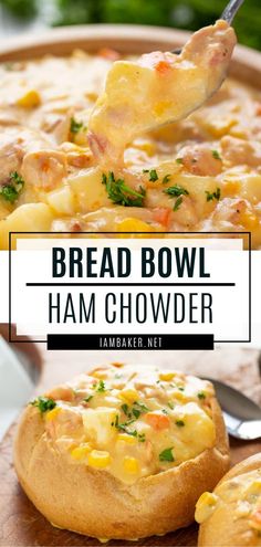 bread bowl ham chowder with text overlay