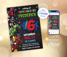 an image of a flyer for a children's birthday with the theme of superheros