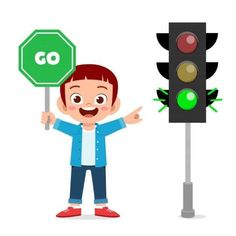 a boy holding up a stop sign next to a traffic light with the word go on it