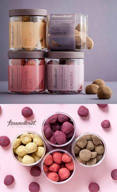 four bowls filled with different types of food on top of a pink background and the bottom one is empty