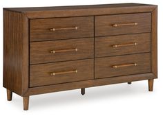 a wooden dresser with six drawers and two handles on each drawer, in dark wood