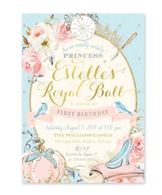 a princess birthday party with pink roses and blue shoes on the front, in gold foil