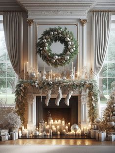 a fireplace decorated for christmas with stockings and candles